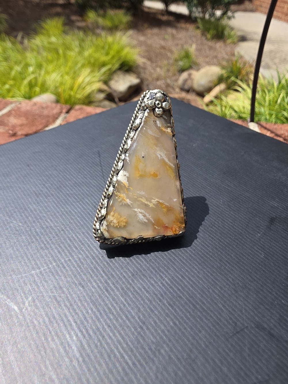 Triangular Yellow Agate Statement Ring - Handcrafted Silver